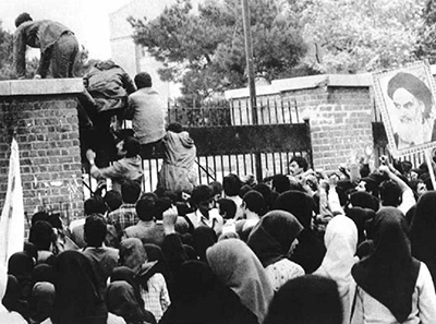 Iranian students storm the US embassy in Tehran, November 1979.